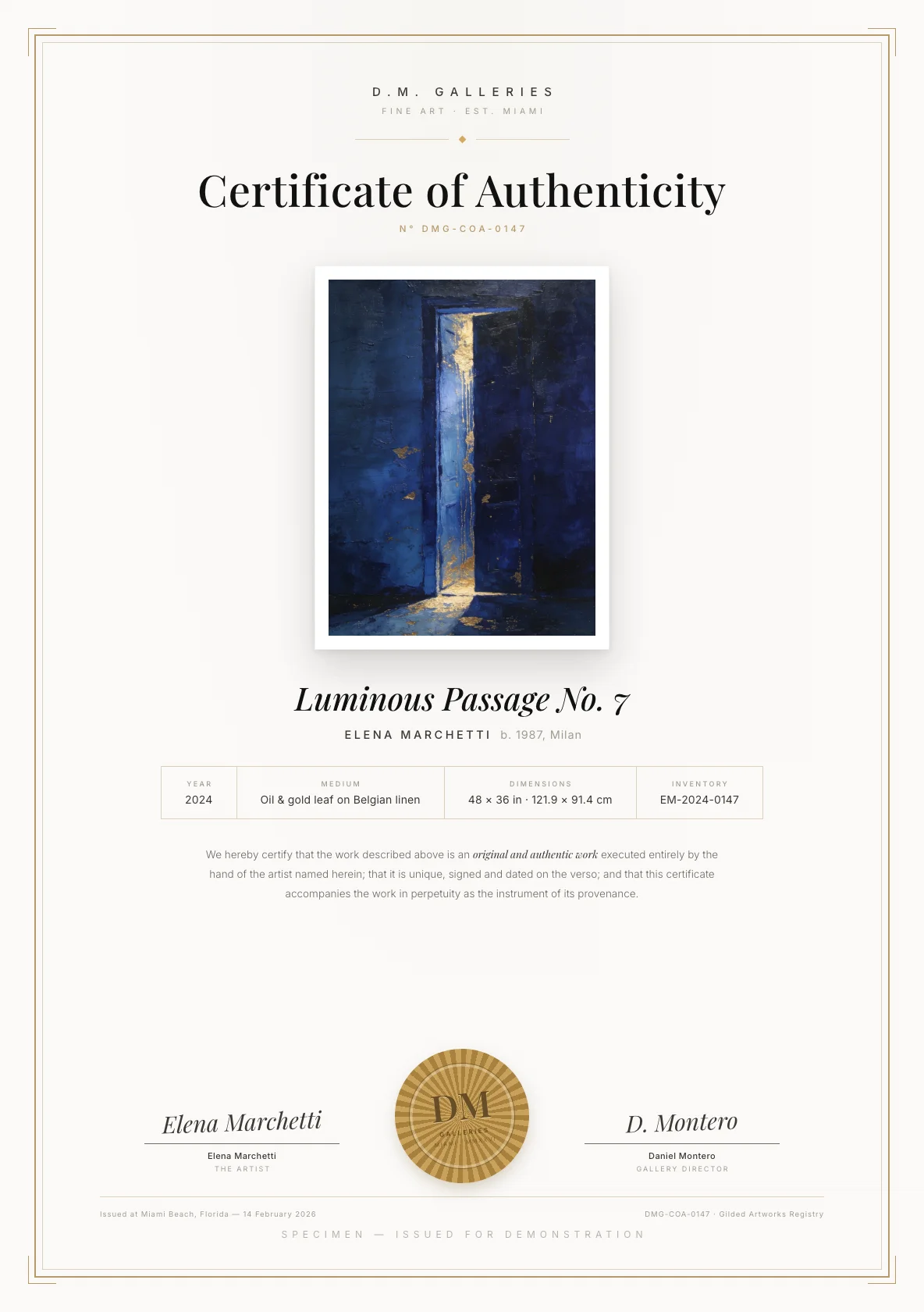 Certificate of Authenticity sample — Gilded Artworks