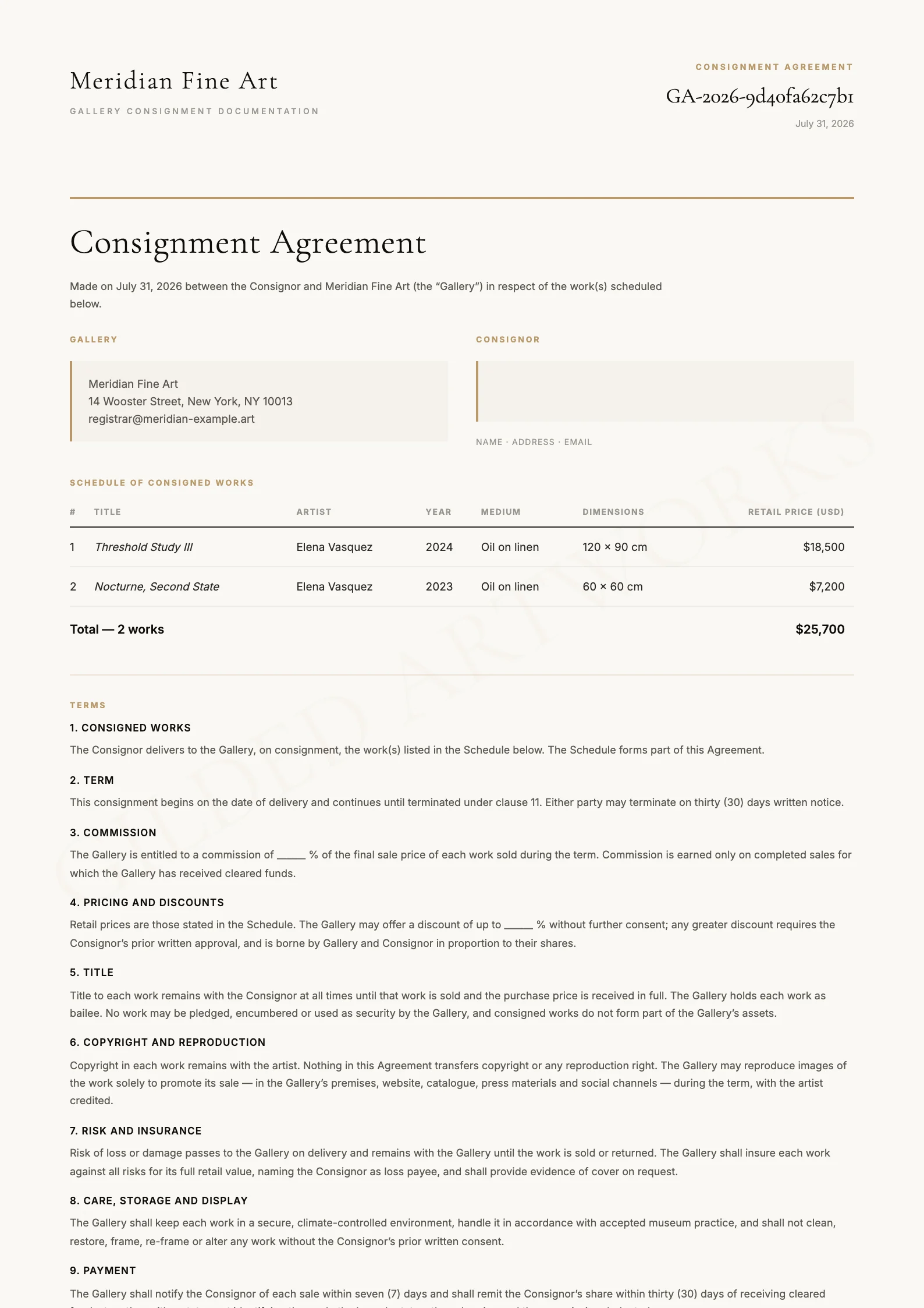 Consignment Agreement sample — twelve clauses with a schedule of works