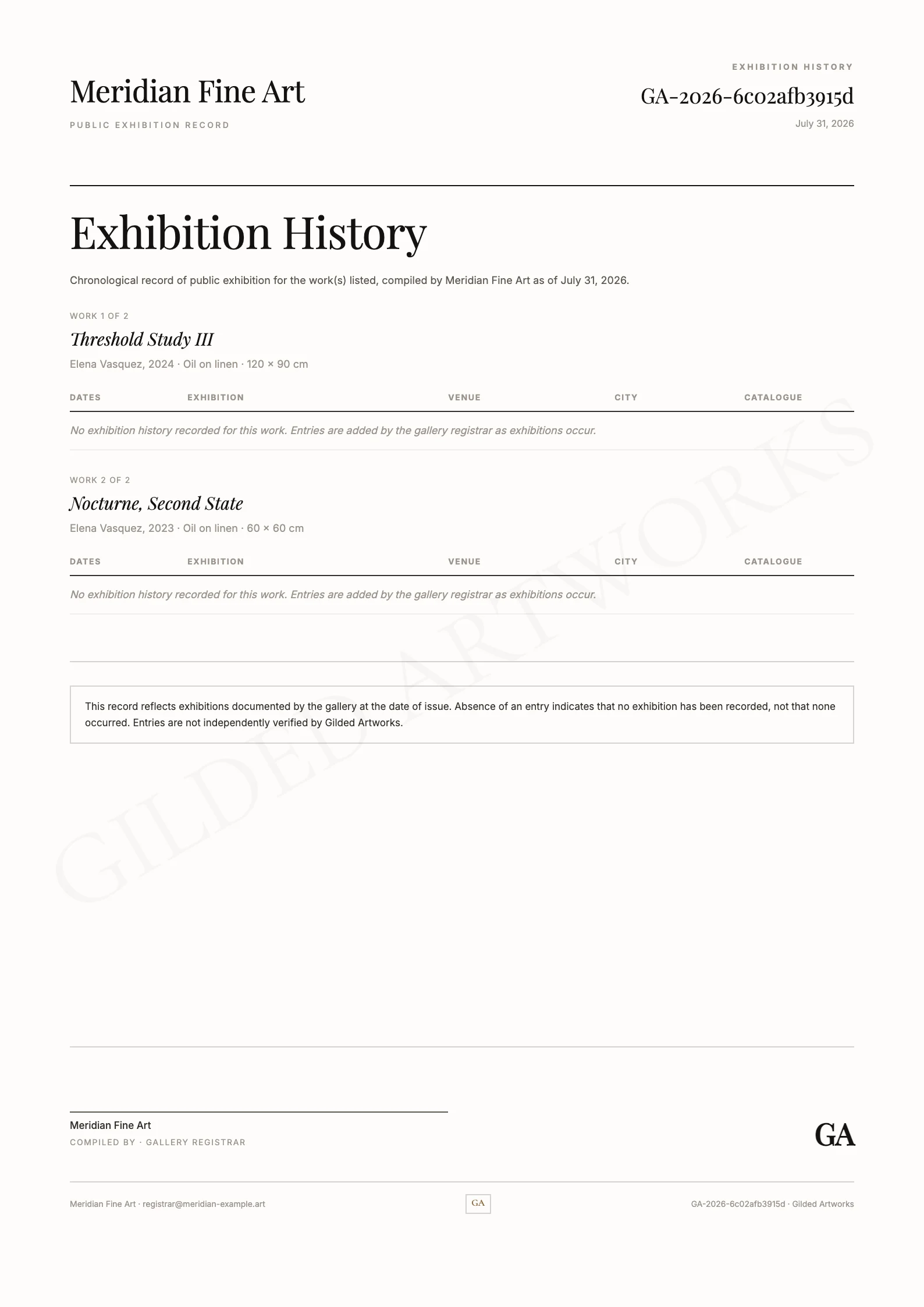Exhibition History sample — five-column register with an explicit empty state