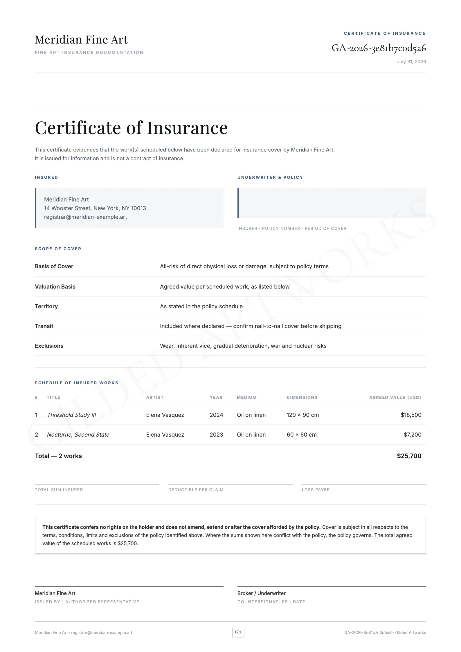 Insurance Certificate sample — scope of cover and schedule of insured works
