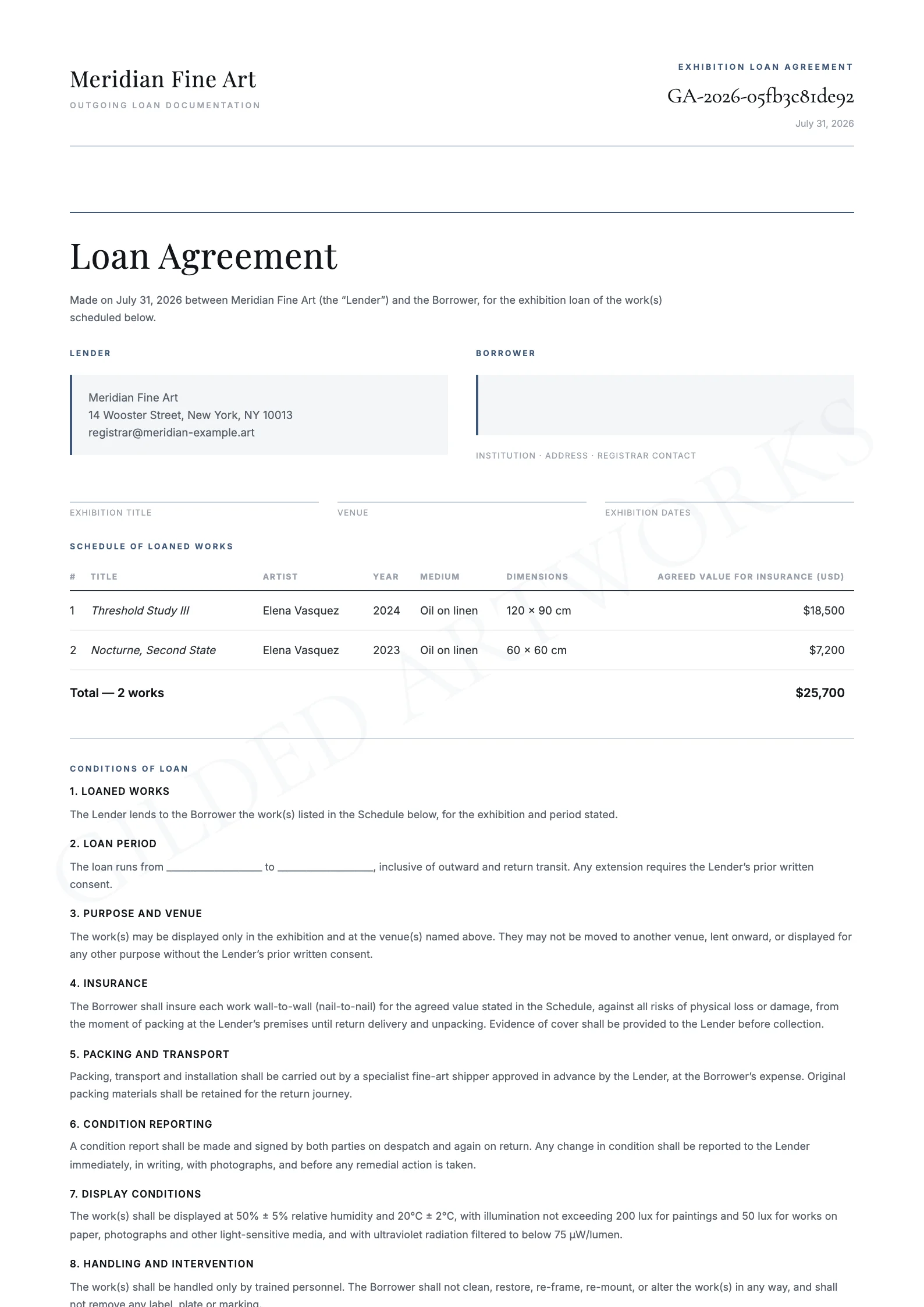 Loan Agreement sample — twelve conditions of loan with a schedule